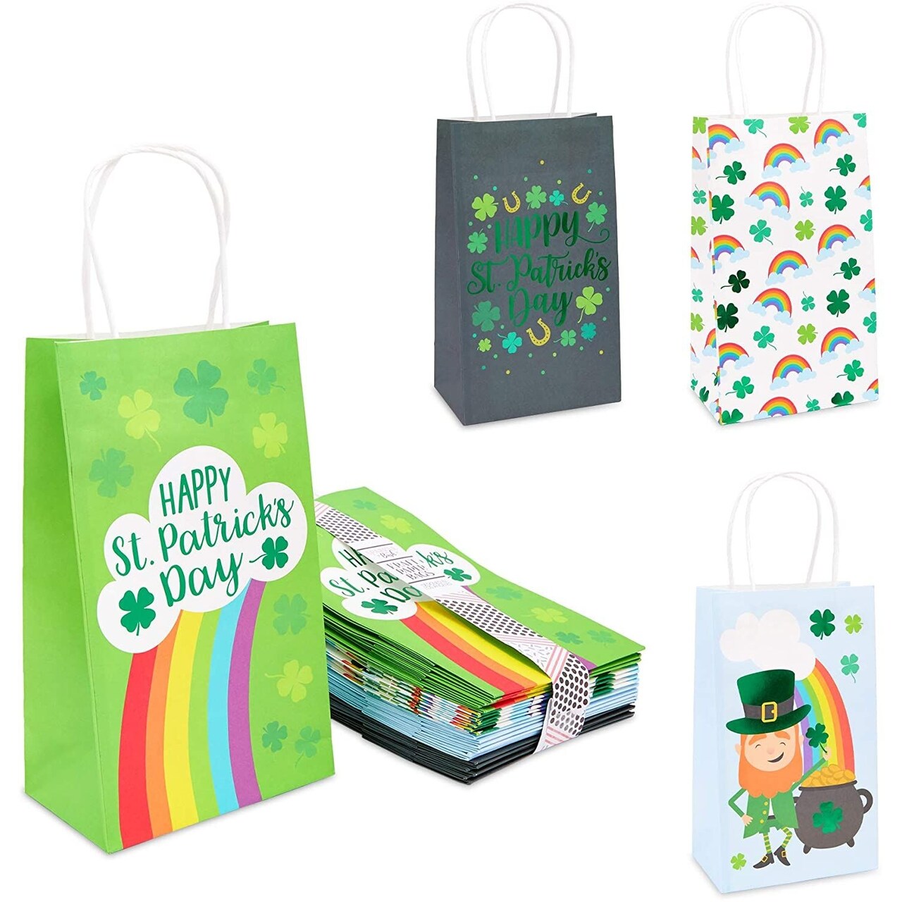 St. Patrick's Party Favor Gift Bags, 4 Designs (9 x 5.3 x 3.15 In, 24 Pack)